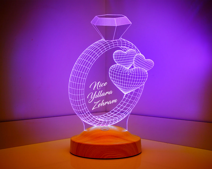 Sevgiliye Hediye 3 Boyutlu Yüzük Ve Kalpler Led Lamba