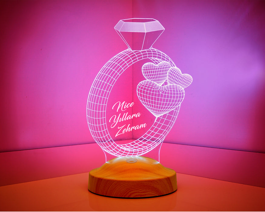 Sevgiliye Hediye 3 Boyutlu Yüzük Ve Kalpler Led Lamba