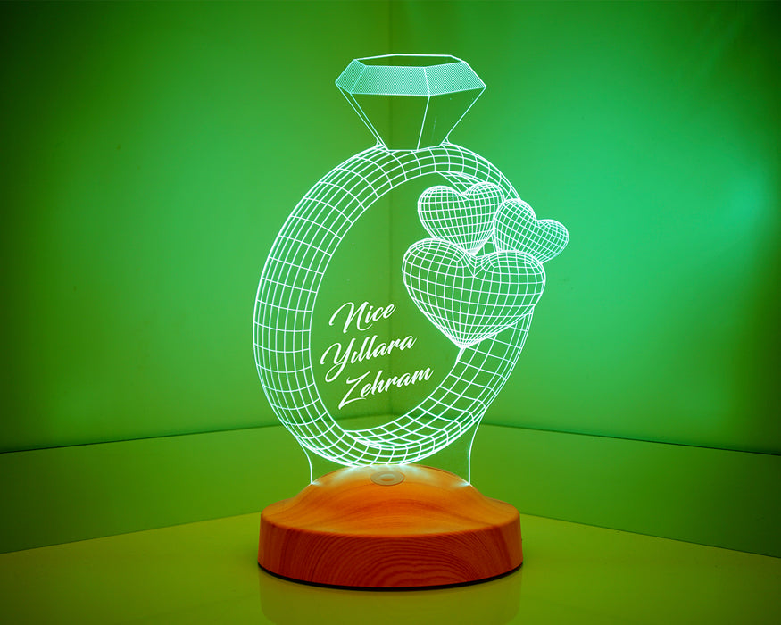 Sevgiliye Hediye 3 Boyutlu Yüzük Ve Kalpler Led Lamba